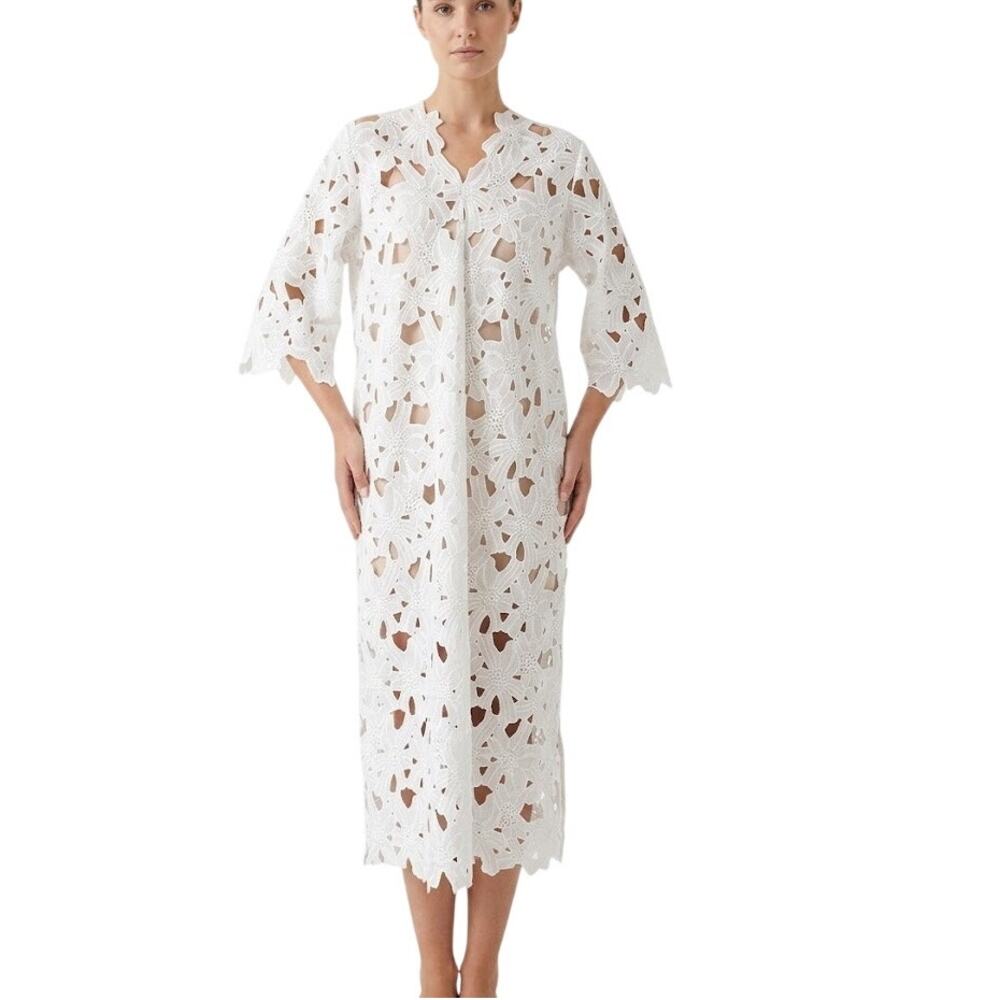 4OUR Dreamers White Floral Lace Duster Kimono Maxi Sz L Boho Coverup